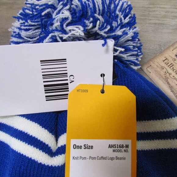 Carhartt Knit Pom Pom Cuffed Logo Beanie Stocking Cap Hat Blue/White AH5168 - Picture 2 of 3